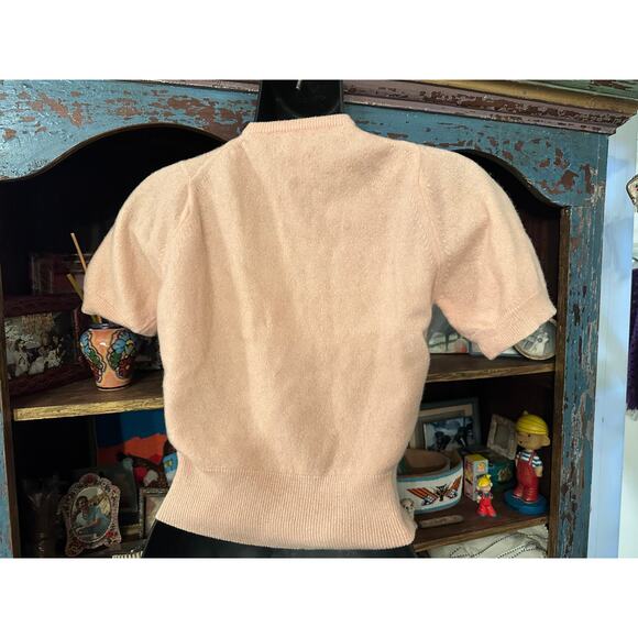 VINTAGE PEACH BALMORAL CASHMERE RHINESTONES & RIBBON TRIM CARDIGAN SWEATER - Picture 3 of 11